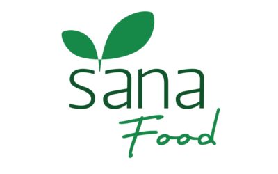 Logo targów SANA Food – zielony napis „Sana Food” z motywem dwóch liści, symbolizujących żywność ekologiczną, zrównoważony rozwój i zdrowe odżywianie.