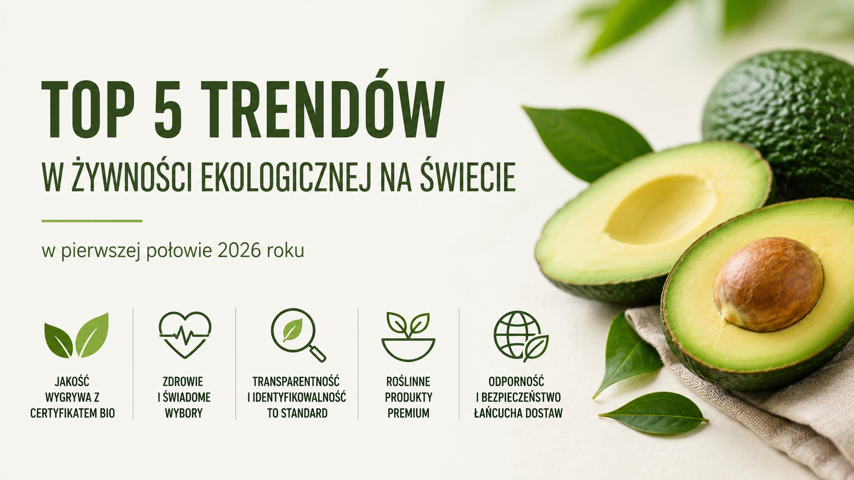 Grafika prezentująca pięć kluczowych trendów na światowym rynku żywności ekologicznej w 2026 roku.